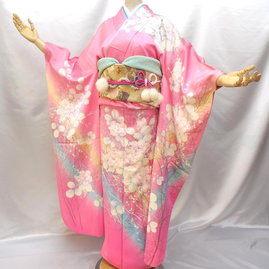 訳あり特価★美品　振袖フルセット　正絹　成人式　振袖　Mサイズ　ピンク　花柄