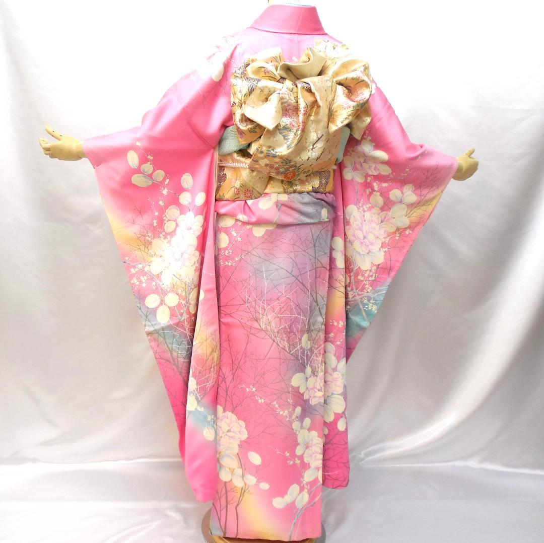 訳あり特価★美品　振袖フルセット　正絹　成人式　振袖　Mサイズ　ピンク　花柄