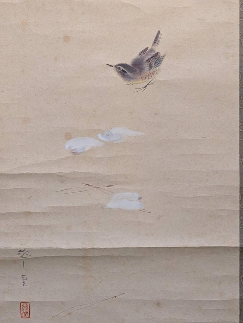 【真作】掛軸　初冬　優雅な花鳥画で季節を彩る　繊細な筆致　共箱入　T179