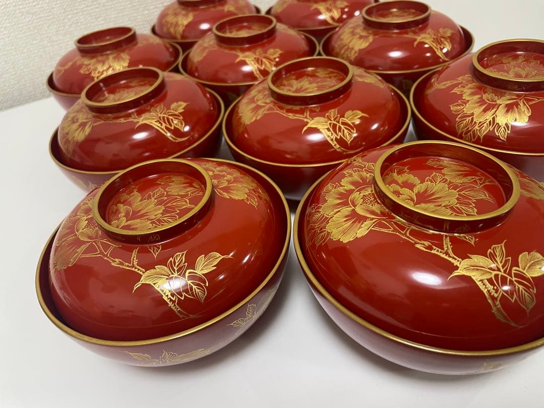 漆器 朱漆 内朱塗 漆器 吸物 懐石椀 煮物椀 10 客 牡丹柄 アンティーク