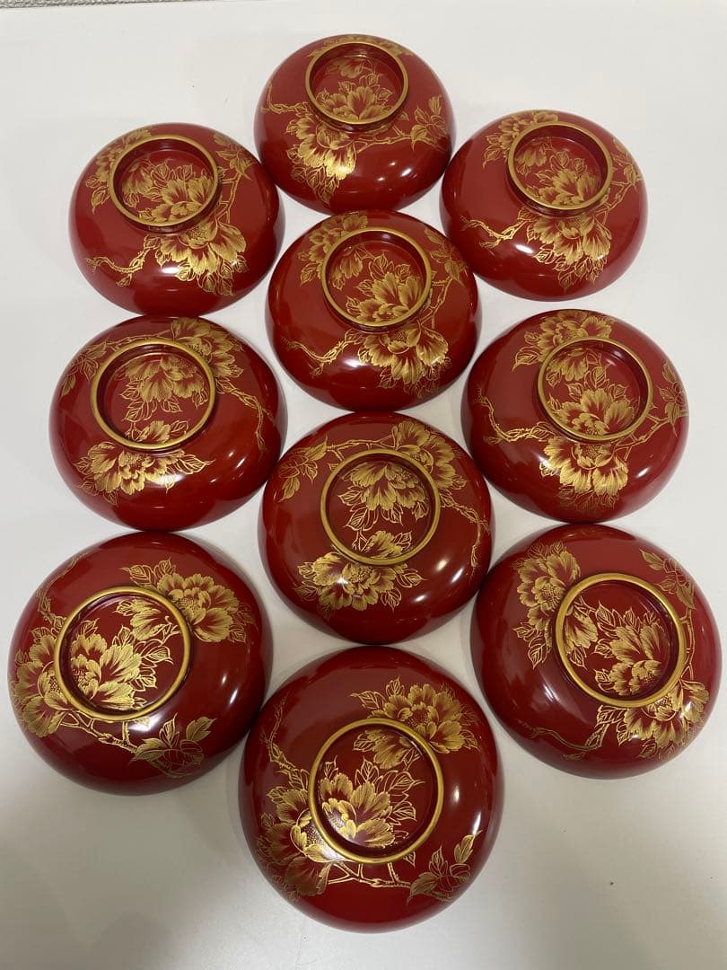 漆器 朱漆 内朱塗 漆器 吸物 懐石椀 煮物椀 10 客 牡丹柄 アンティーク