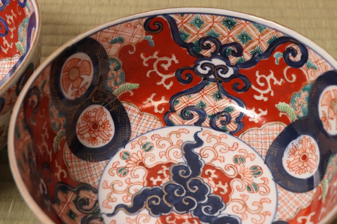 古伊万里 冨貴長春 色絵鉢 二客 福良雀 草花 唐草 錦手 中鉢【MA479】