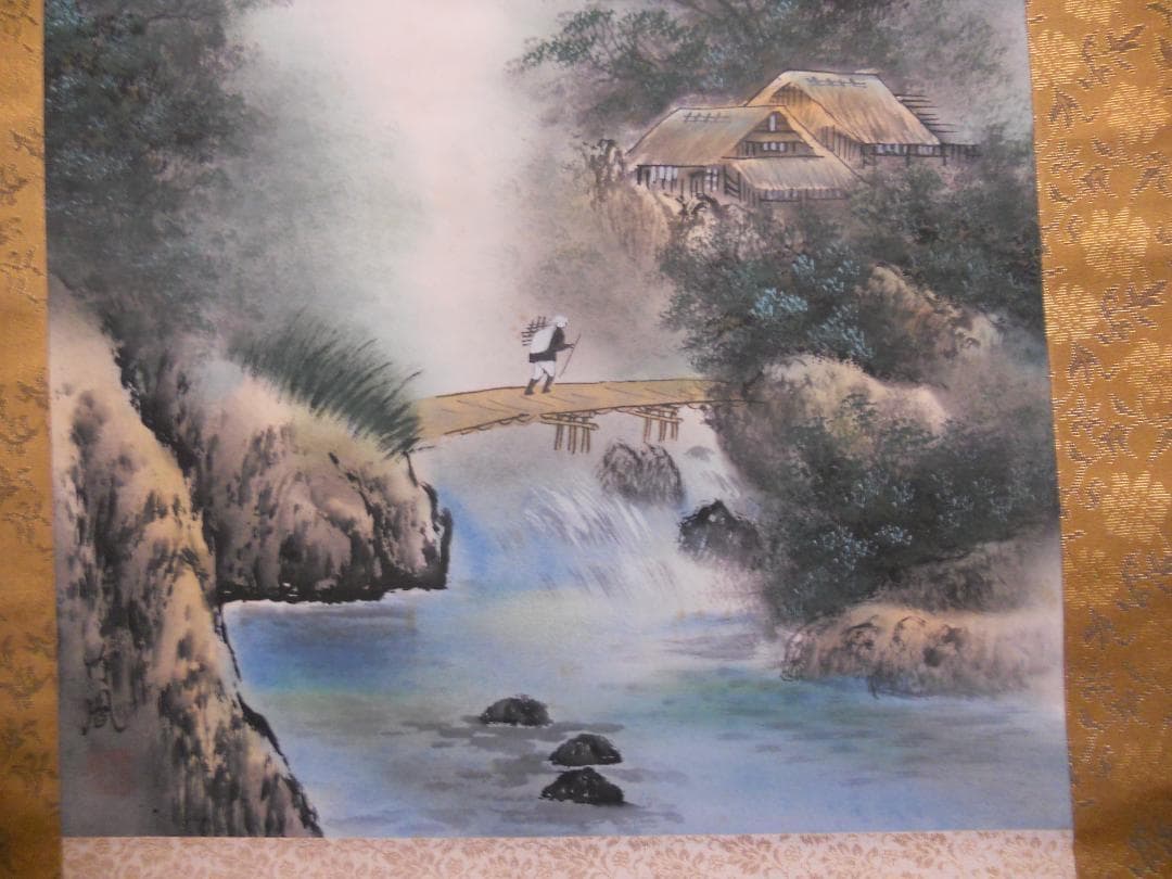 掛け軸 竹鳳 彩色山水 絹本 希少 軸装 茶道具 掛軸 美品です。