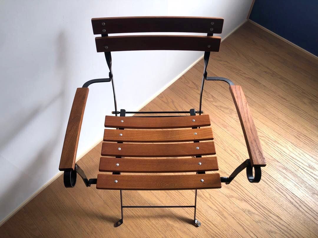 チーク無垢材×鉄枠 フォールディングチェア アーム付き フランス ヴィンテージ