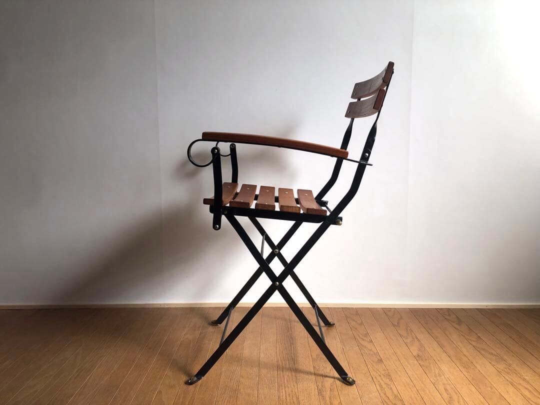 チーク無垢材×鉄枠 フォールディングチェア アーム付き フランス ヴィンテージ
