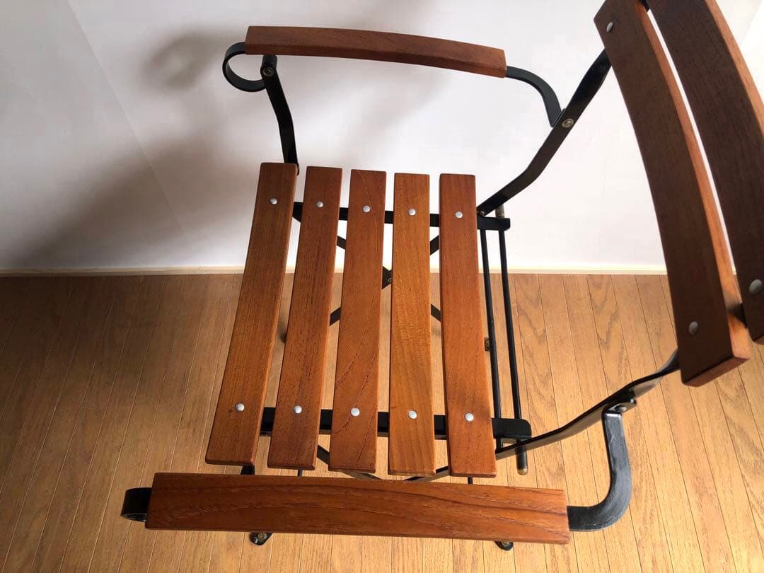 チーク無垢材×鉄枠 フォールディングチェア アーム付き フランス ヴィンテージ