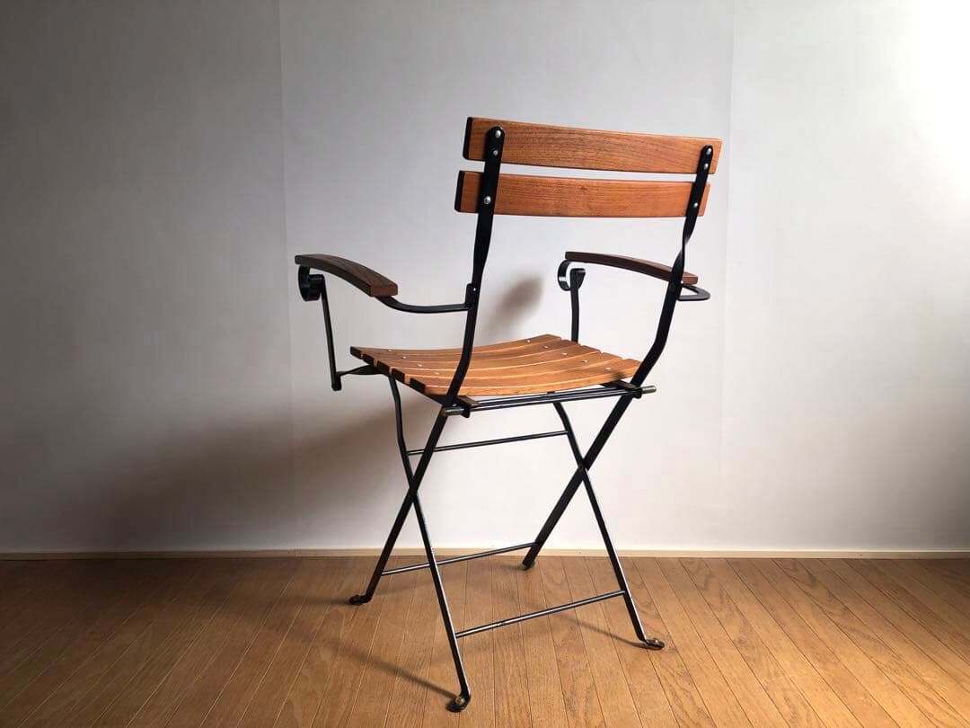 チーク無垢材×鉄枠 フォールディングチェア アーム付き フランス ヴィンテージ