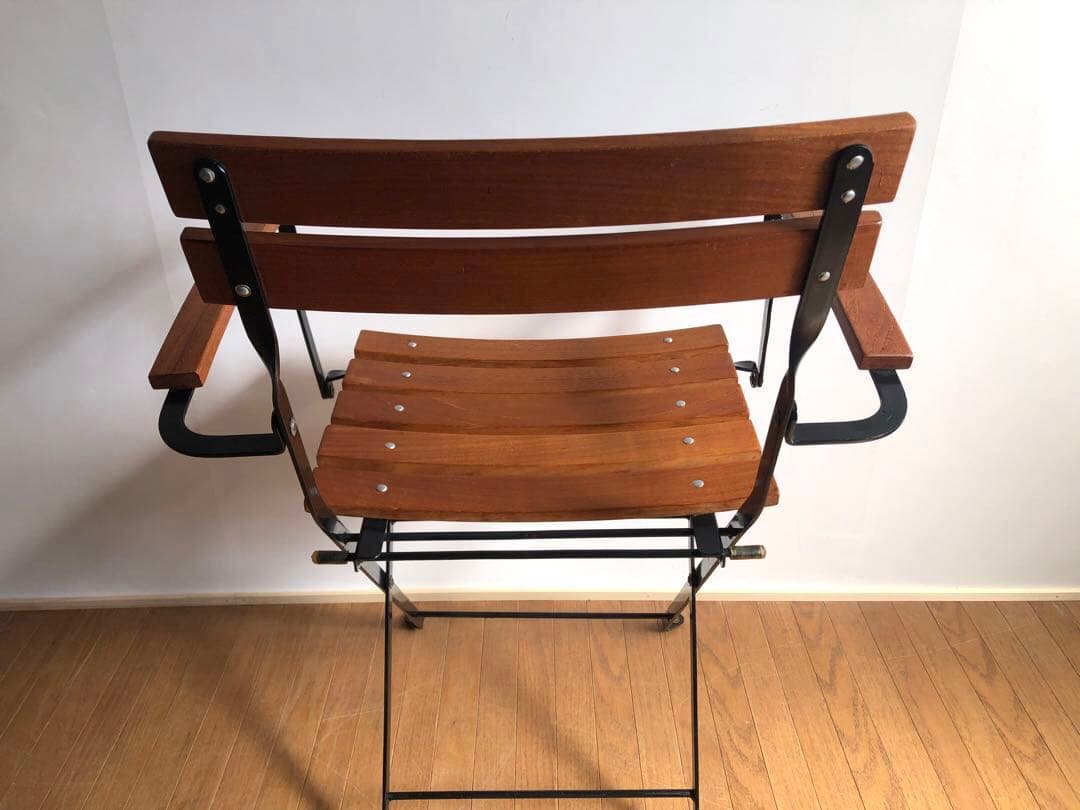チーク無垢材×鉄枠 フォールディングチェア アーム付き フランス ヴィンテージ