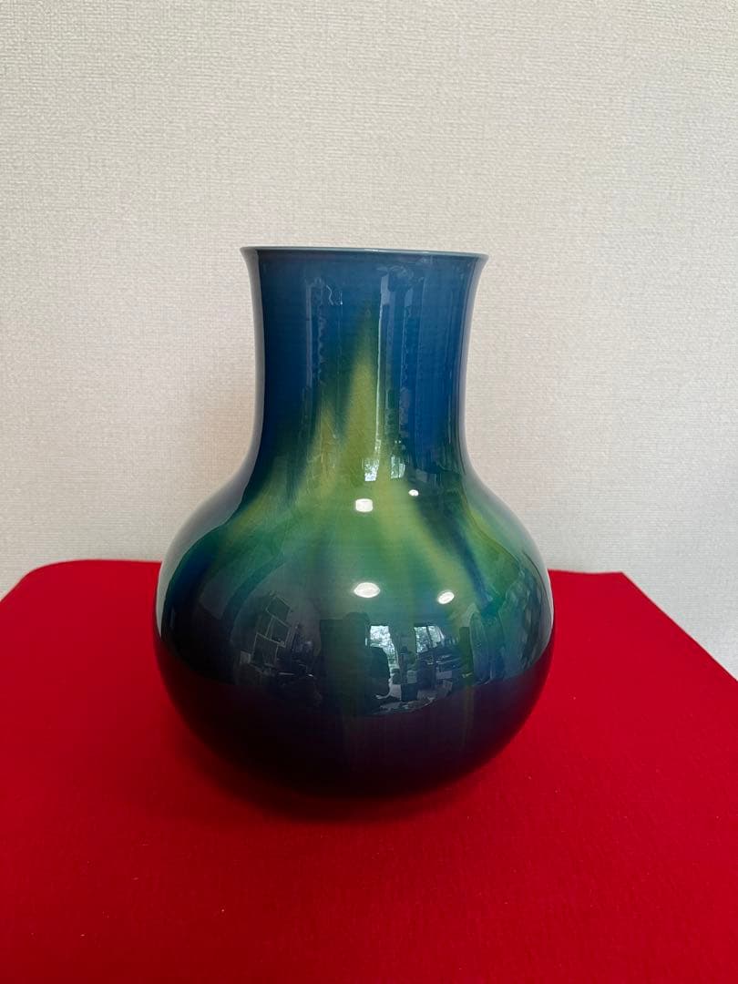 人間国宝 三代 徳田八十吉（正彦銘）碧明釉 花入 高さ 約23.5㎝ T213