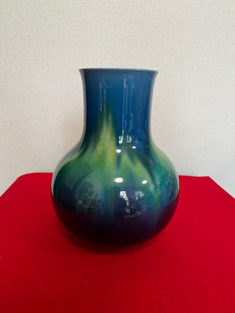 人間国宝 三代 徳田八十吉（正彦銘）碧明釉 花入 高さ 約23.5㎝ T213