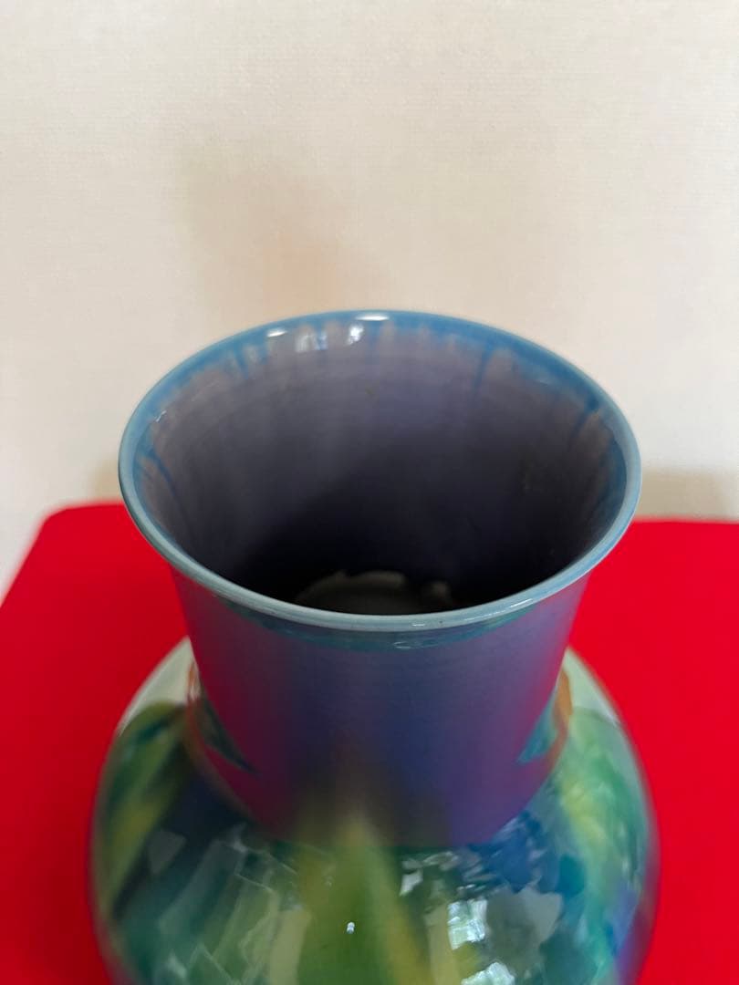 人間国宝 三代 徳田八十吉（正彦銘）碧明釉 花入 高さ 約23.5㎝ T213