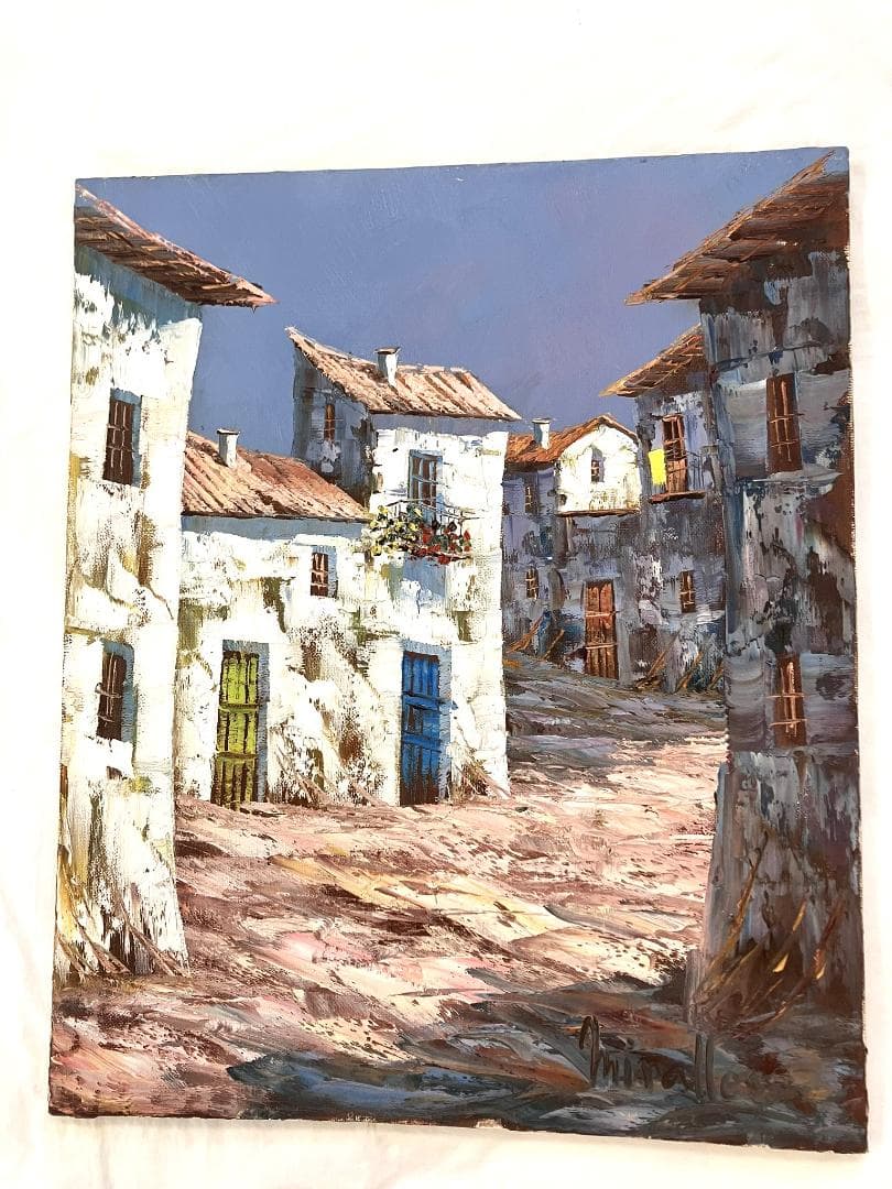 絵画　油彩　風景画　街並み　額装　ヴィンテージアート 油彩額縁付き