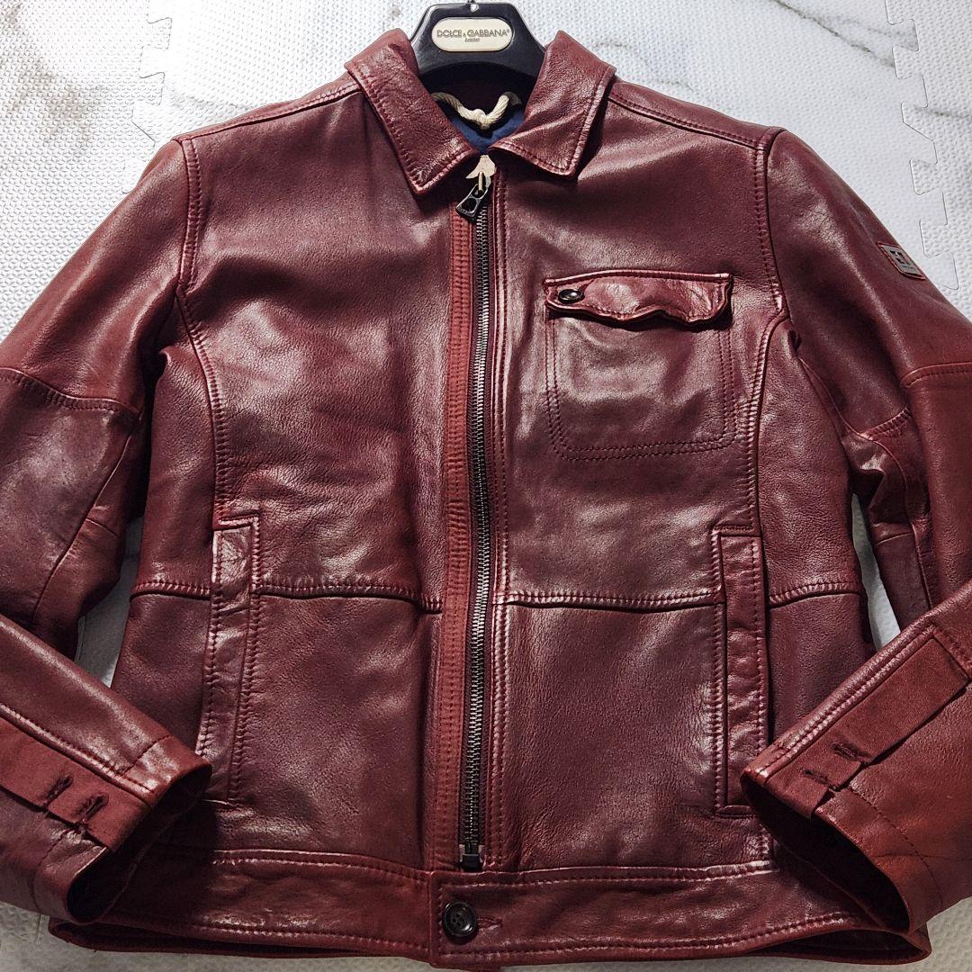 HUGO BOSS ライダースジャケット ラムレザー ボルドー メタルプレート