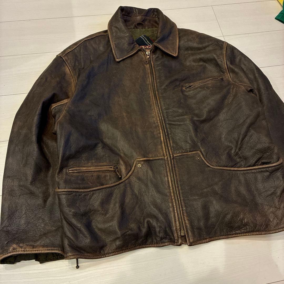 ヴィンテージ レザージャケット シングル ブラウン 本革 裏地 チェック