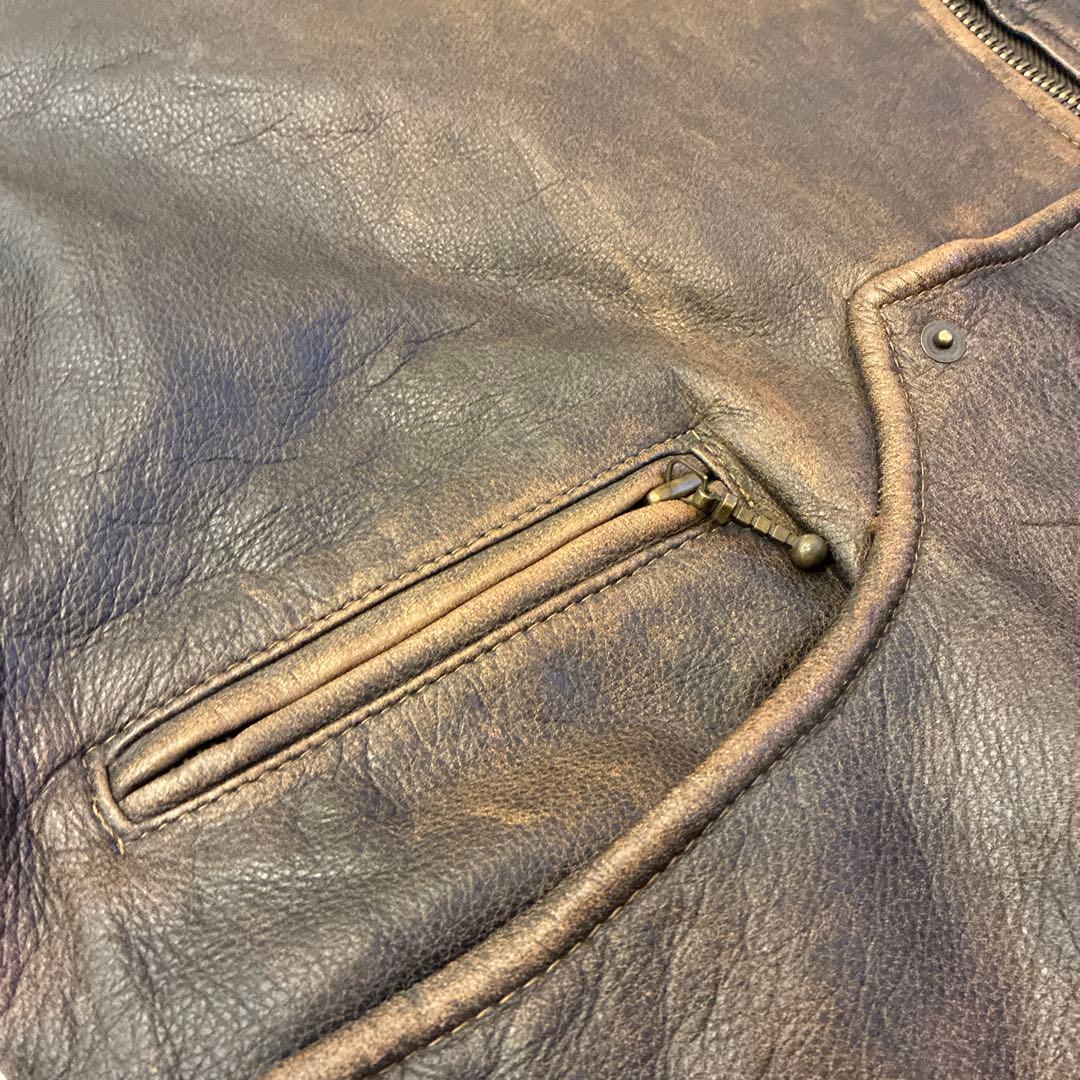 ヴィンテージ レザージャケット シングル ブラウン 本革 裏地 チェック