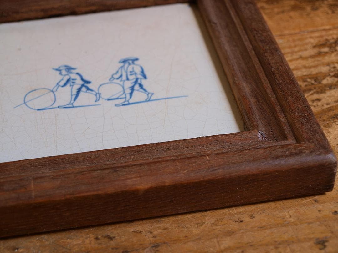 デルフトタイル 輪回しで遊ぶ子供たち 額縁付き 民藝 工藝 /J544