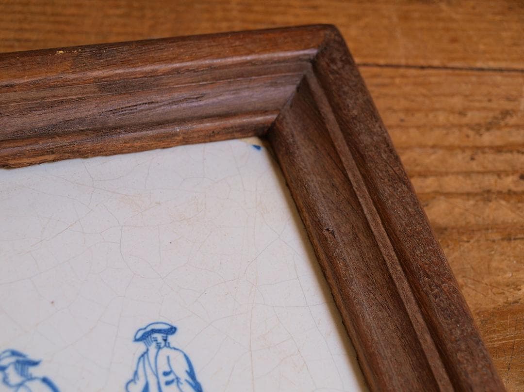 デルフトタイル 輪回しで遊ぶ子供たち 額縁付き 民藝 工藝 /J544