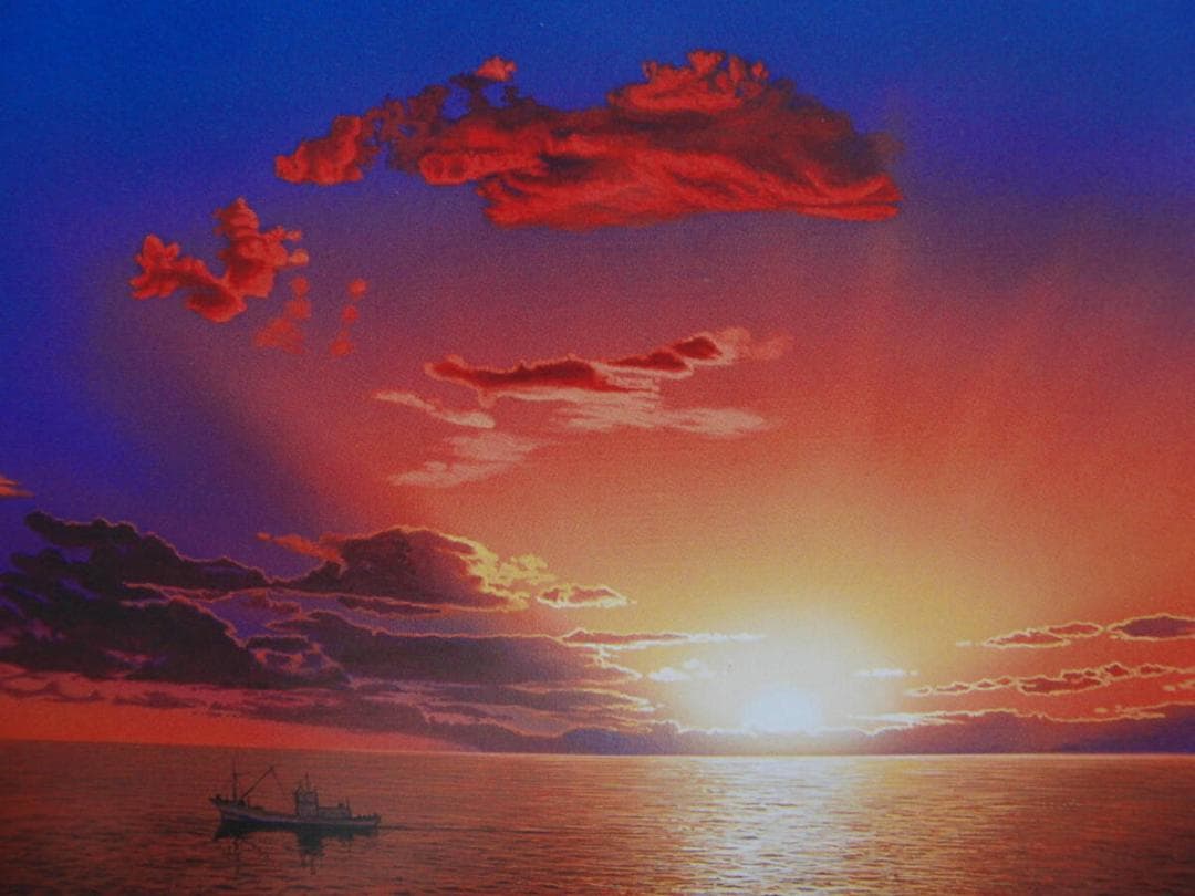 塩田 満男「黎明」、人気作品、希少画集・額装画、新品国産額にて額装付