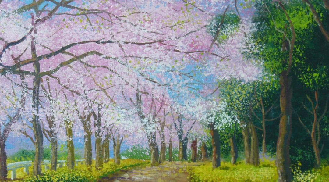 竹内敏彦 絵画 油絵 肉筆油絵 風景画 桜並木 F6