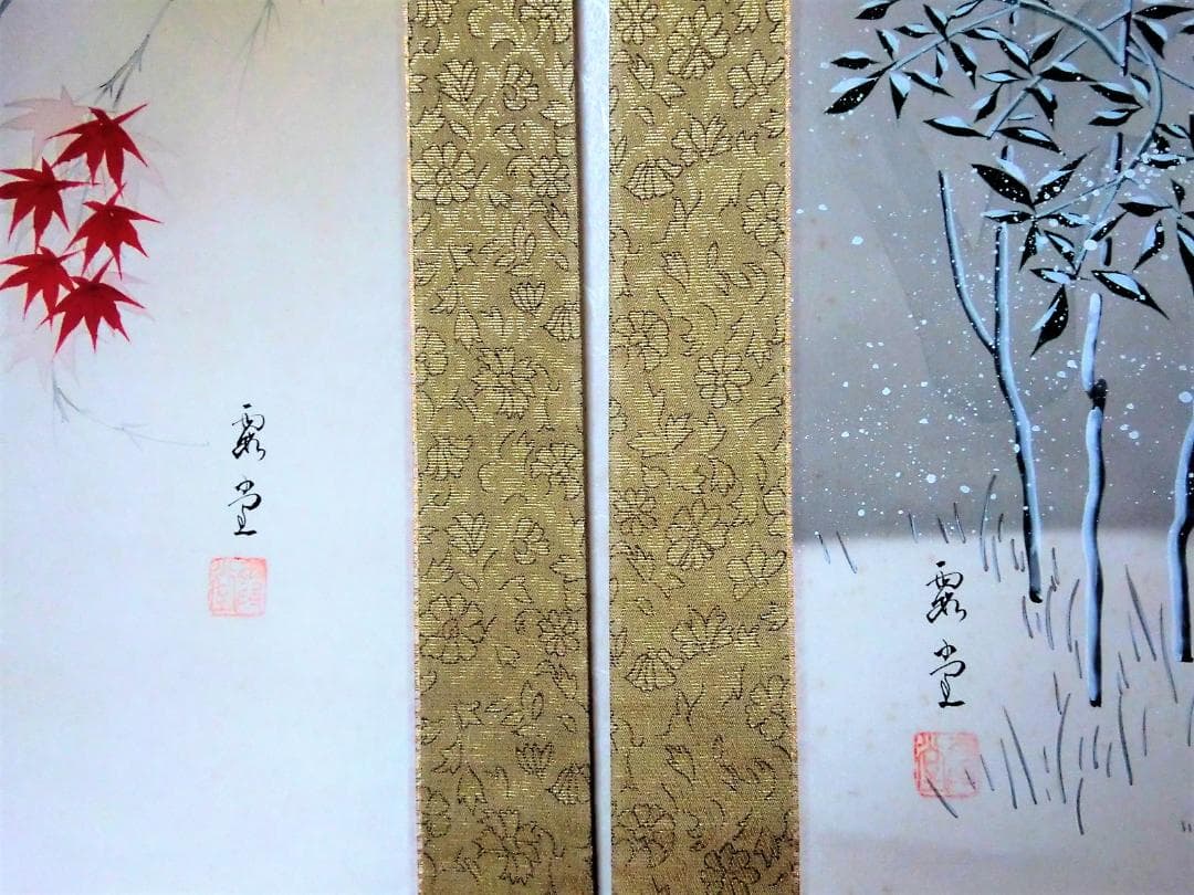 掛軸２本組 ◆「四季花鳥～秋冬」◆ 肉筆日本画