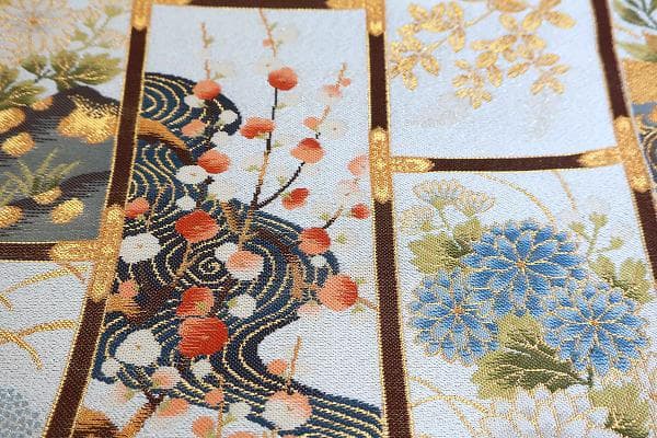★専用★美品 袋帯 オフホワイト 箔糸 流水 牡丹 梅 松 菊 4m31cm