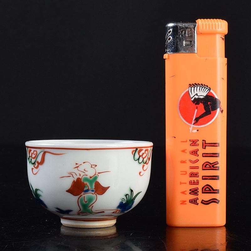 煎茶道具　九谷焼　赤絵　人物文　煎茶碗　六客　仕覆・時代箱付　M　R7559