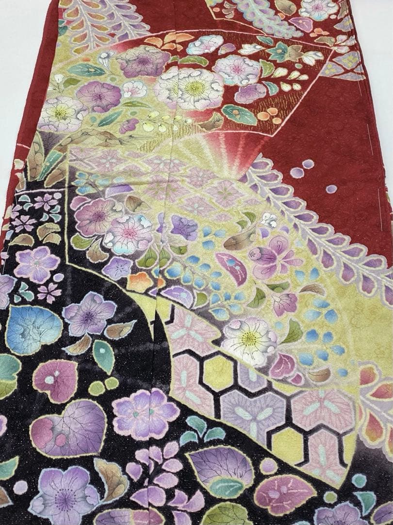 振袖 仮絵羽 銀通し 金彩 紋意匠 絞り 辻が花 正絹 未仕立て品 八掛付き