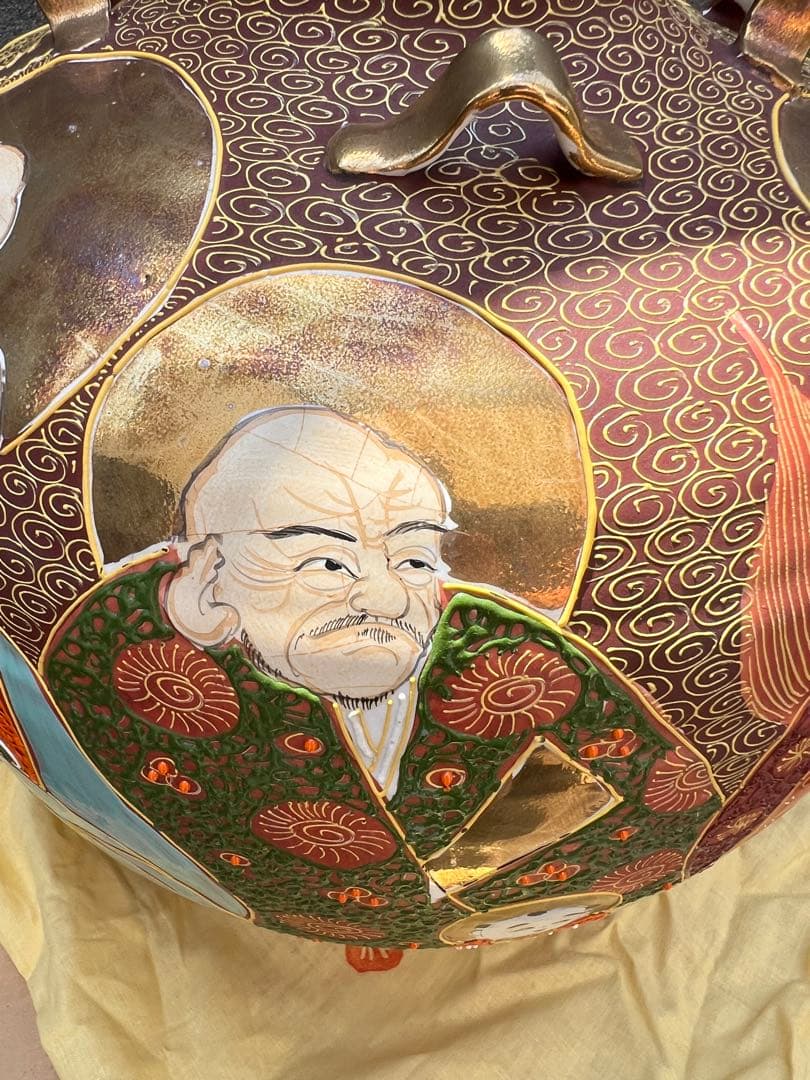 時代　珍品　薩摩焼　福神図飾壺　時代物　薩摩　壺　花器　花瓶　床置き