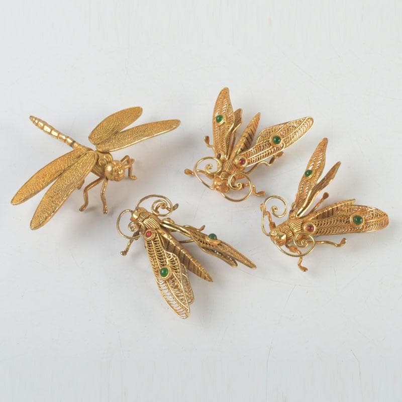 古銅鍍金　玉石装飾　蜻蛉など　昆虫　置物　4点まとめて　V　9552