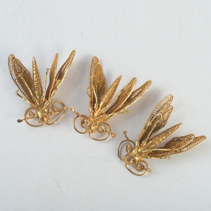 古銅鍍金　玉石装飾　蜻蛉など　昆虫　置物　4点まとめて　V　9552