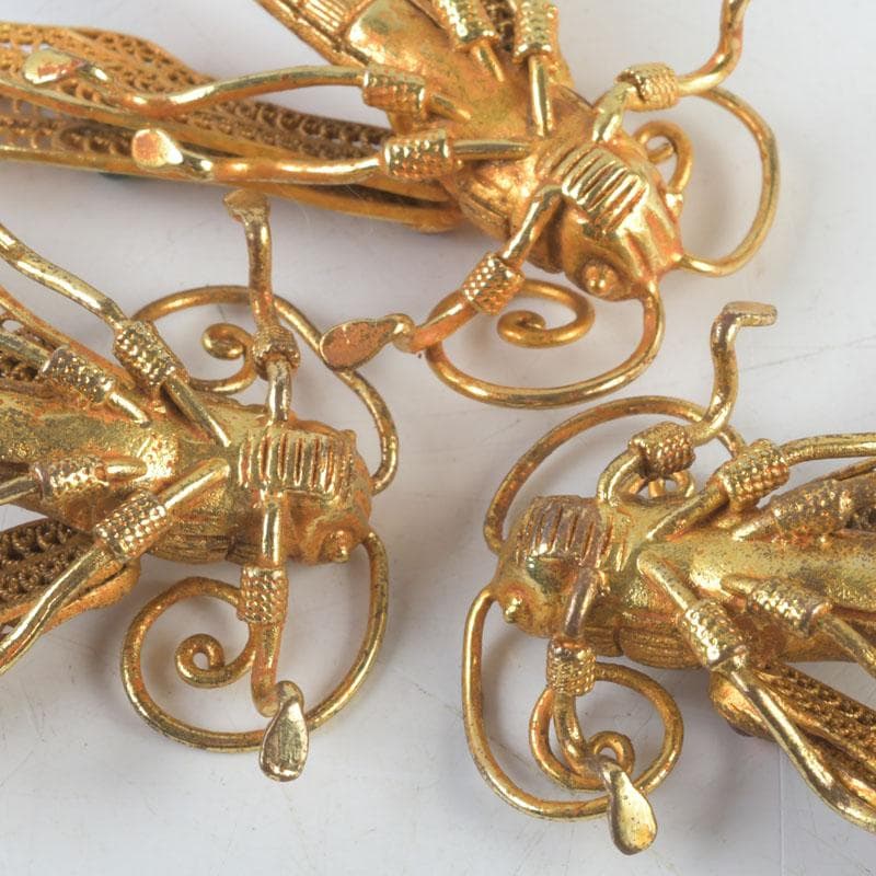 古銅鍍金　玉石装飾　蜻蛉など　昆虫　置物　4点まとめて　V　9552