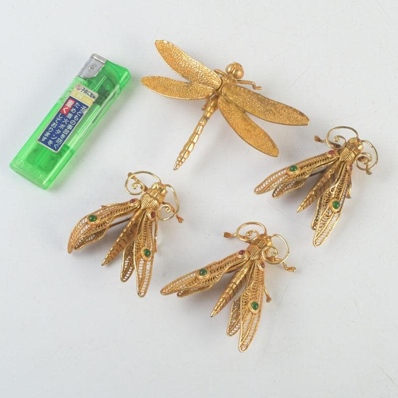 古銅鍍金　玉石装飾　蜻蛉など　昆虫　置物　4点まとめて　V　9552