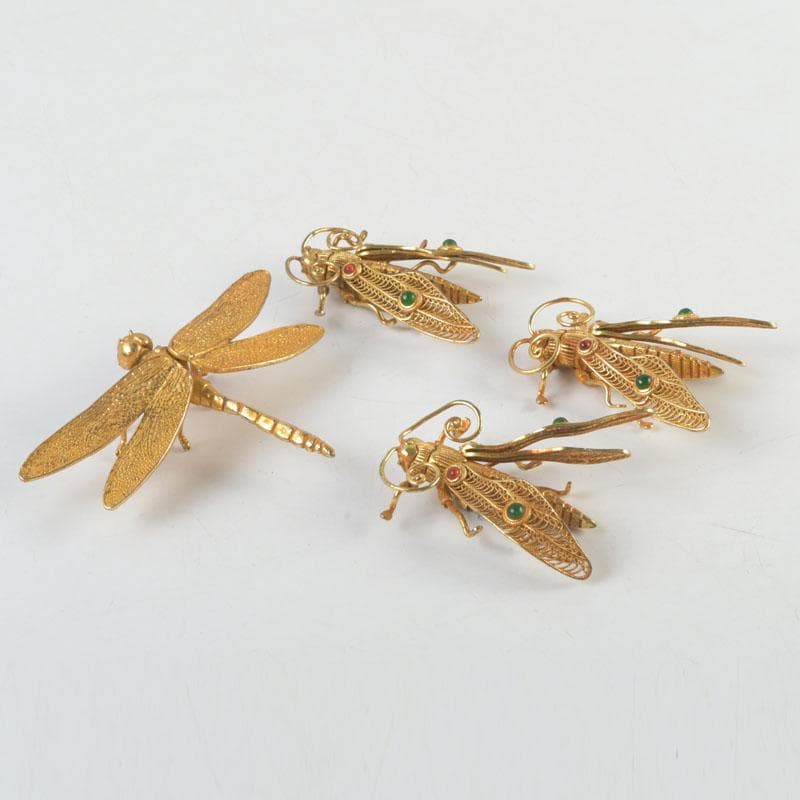 古銅鍍金　玉石装飾　蜻蛉など　昆虫　置物　4点まとめて　V　9552