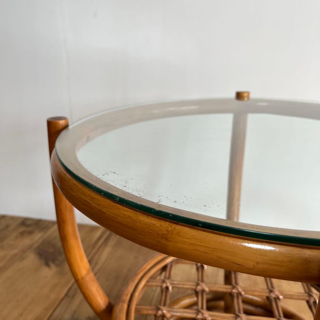 ヴィンテージ ラタン ガラス テーブル 籐 昭和レトロ z654