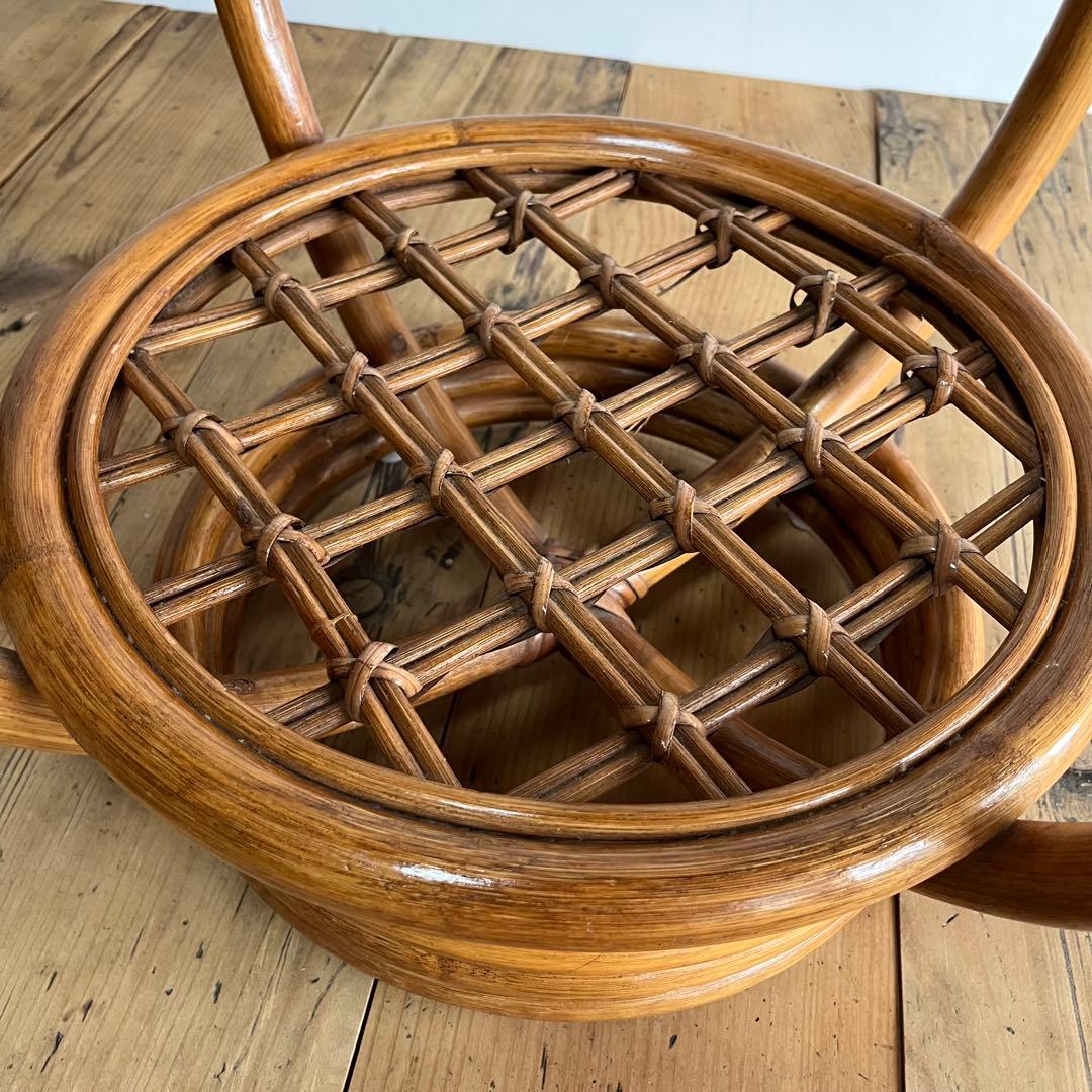 ヴィンテージ ラタン ガラス テーブル 籐 昭和レトロ z654
