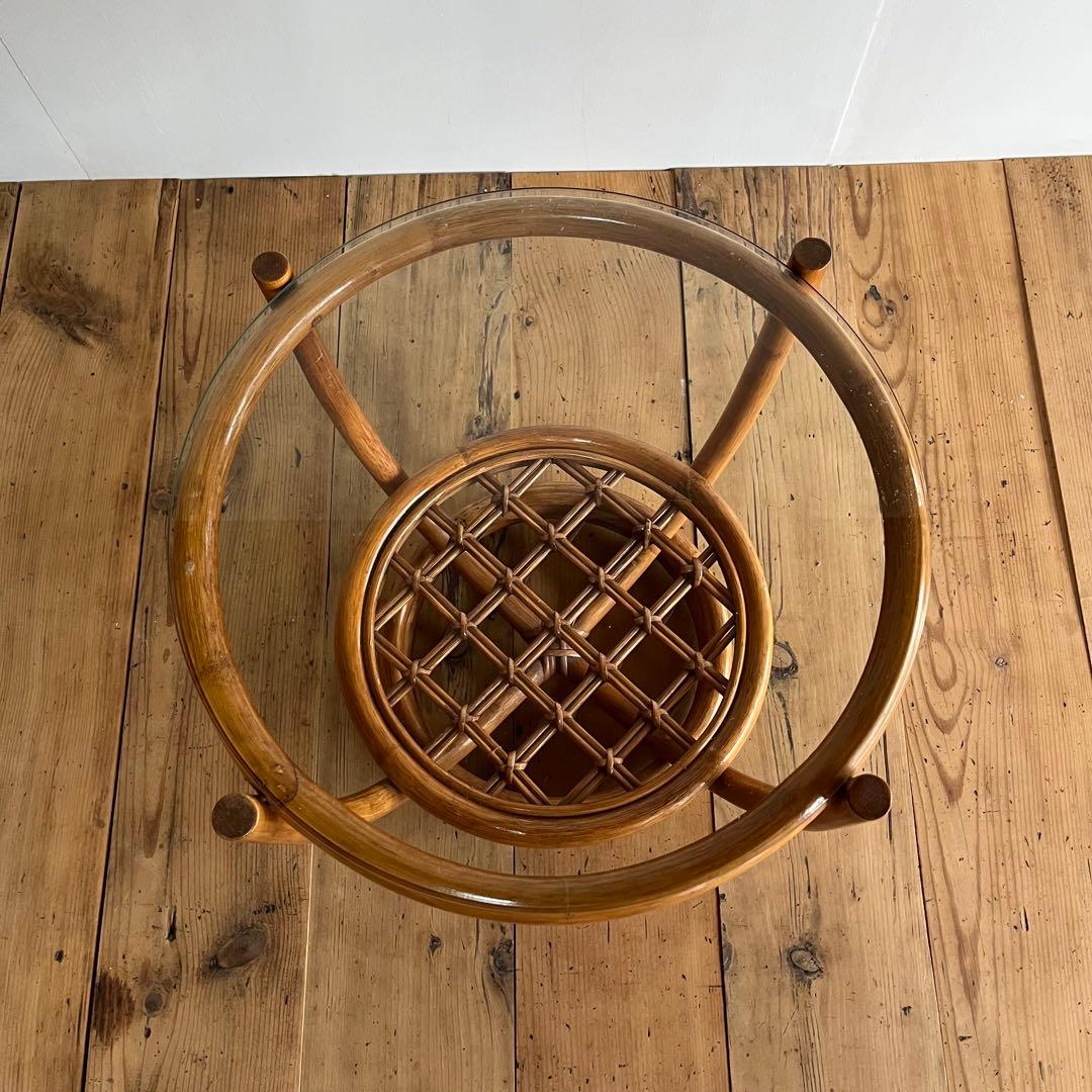 ヴィンテージ ラタン ガラス テーブル 籐 昭和レトロ z654