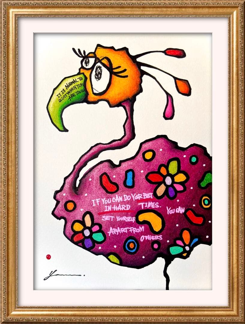 に*け様 「 逃げることをやめたフラミンゴ 」｜絵画 原画 抽象画 動物画 ドロ