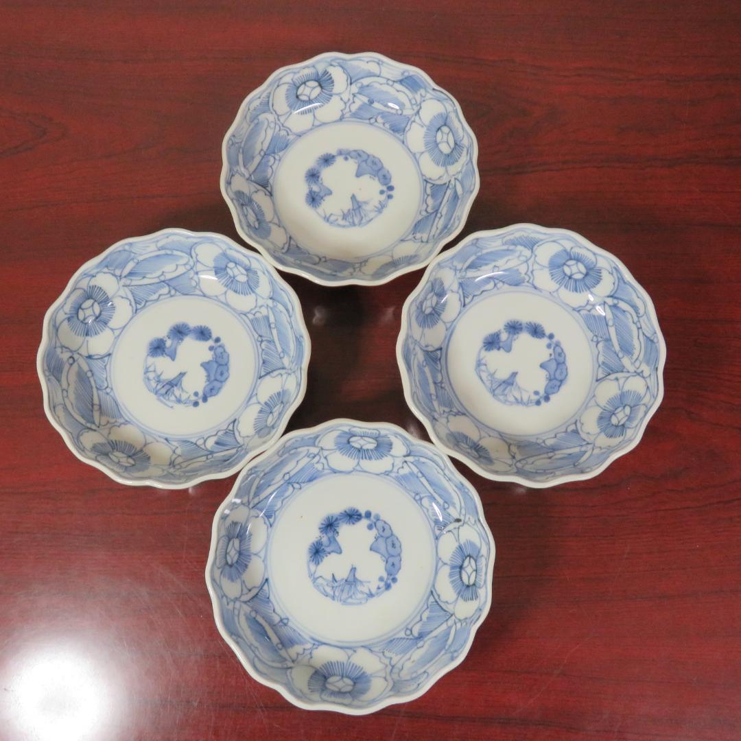なます皿 染付 4枚 松竹梅 花 銘 窯傷 江戸
