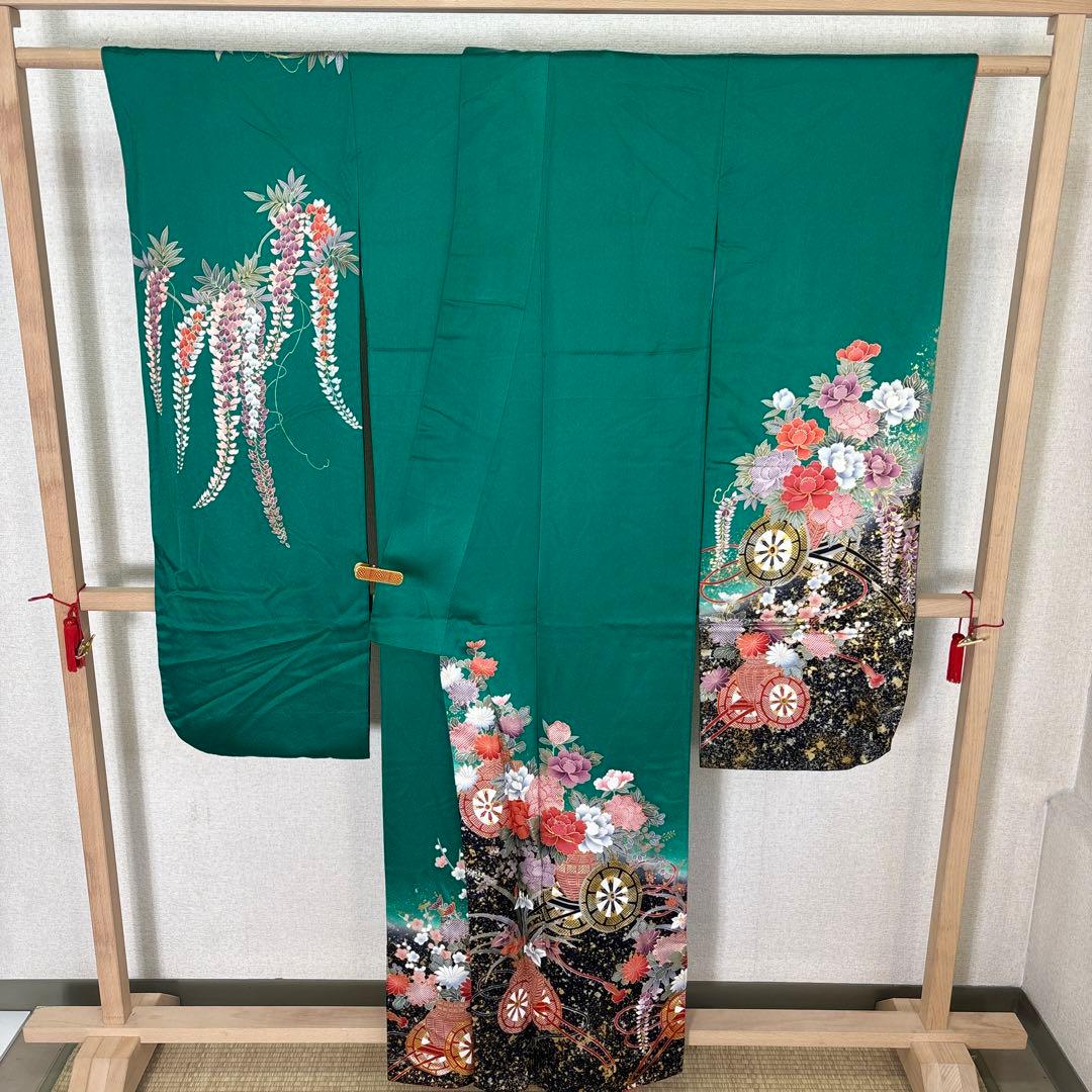 振袖 正絹 グリーン地 押し箔 素敵なデザイン k-6715