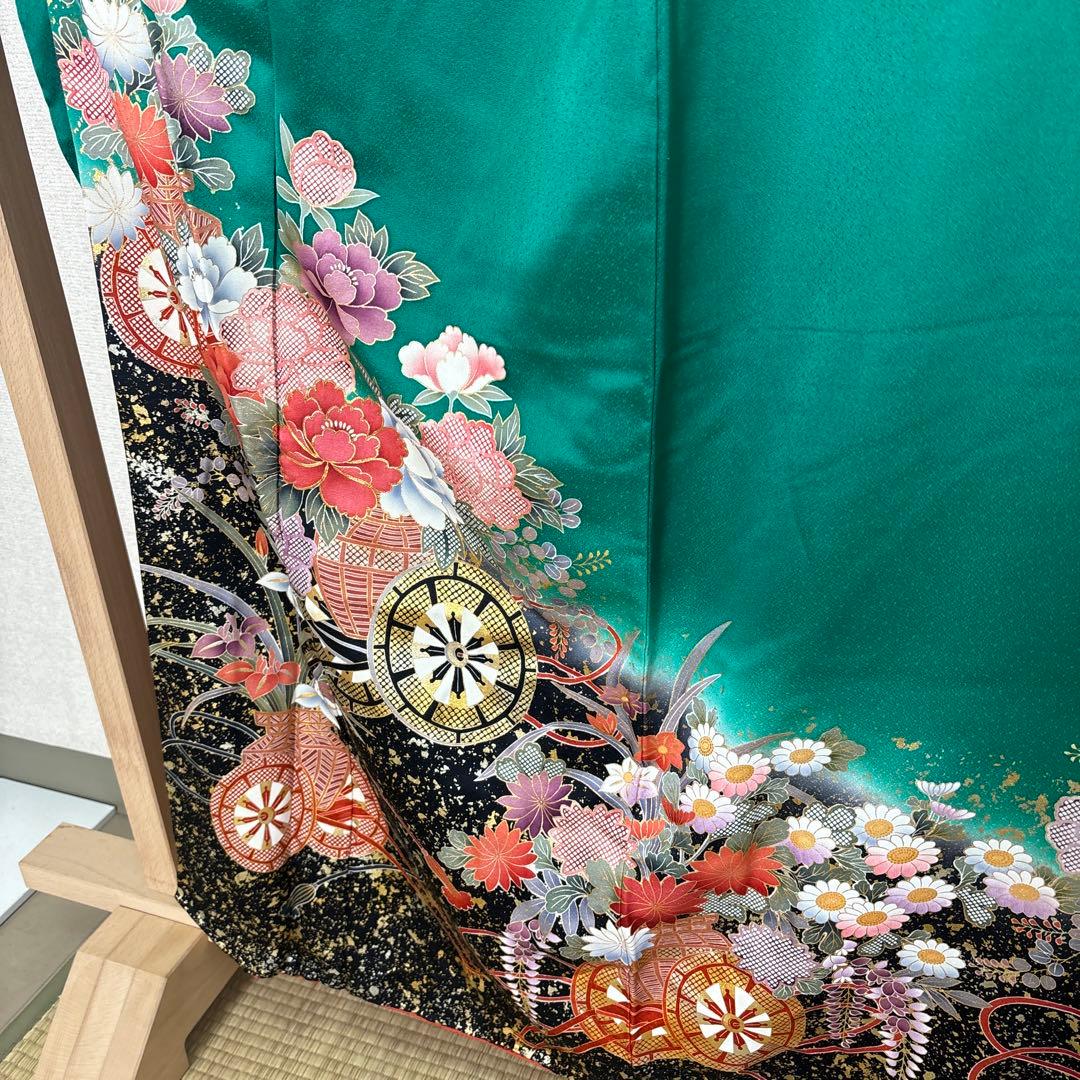 振袖 正絹 グリーン地 押し箔 素敵なデザイン k-6715