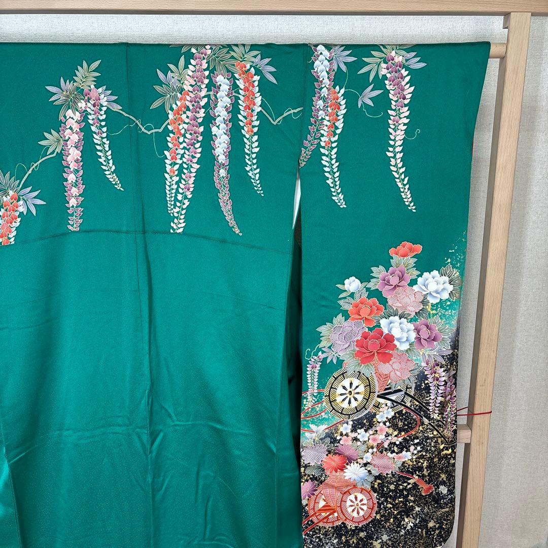 振袖 正絹 グリーン地 押し箔 素敵なデザイン k-6715