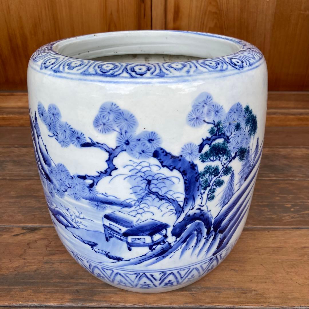 火鉢　陶磁器　染付　レトロ　アンティーク　古民具　希少　金魚鉢　手作り　昭和