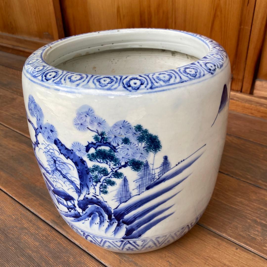 火鉢　陶磁器　染付　レトロ　アンティーク　古民具　希少　金魚鉢　手作り　昭和