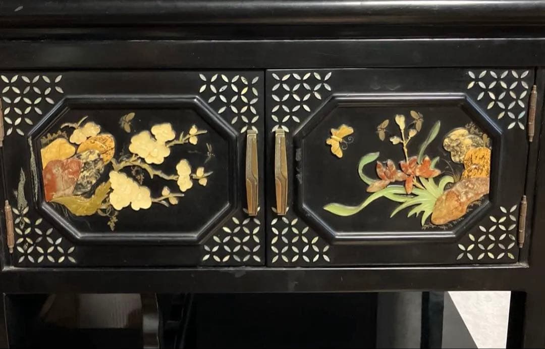 黒塗　螺鈿箪笥　飾り棚　玉石木製箪笥　花鳥模様