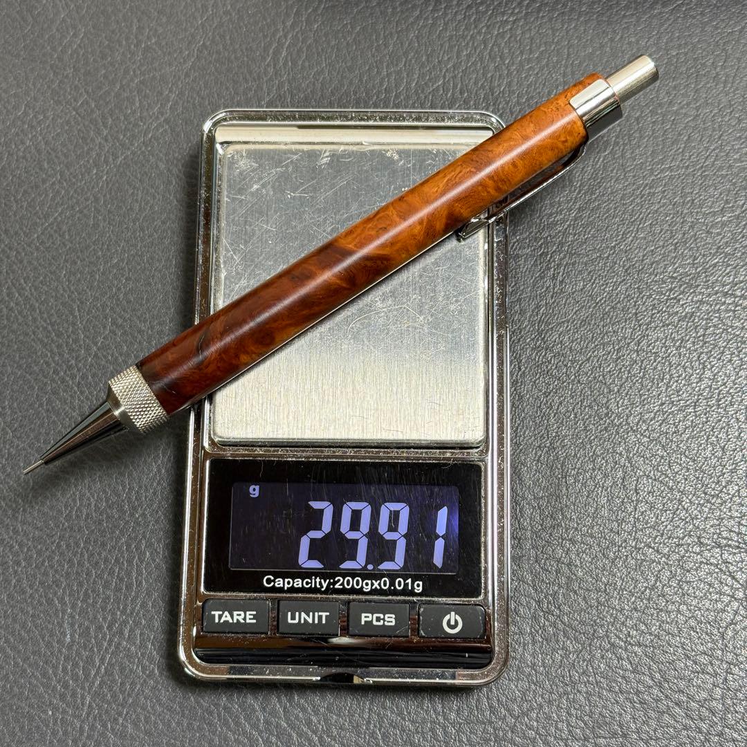 125花梨瘤濃色源平柄　木製シャーペン　強低重心R ステンレスローレット