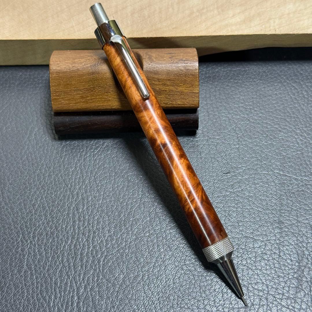 125花梨瘤濃色源平柄　木製シャーペン　強低重心R ステンレスローレット