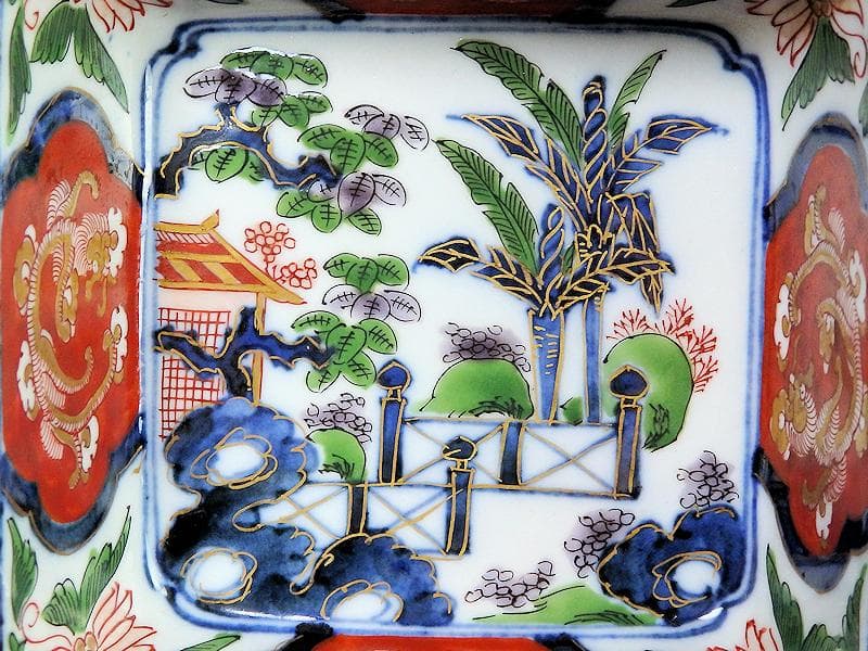 古伊万里　金襴手　欄干に芭蕉葉の図　四方角向付　A105AS-BQi