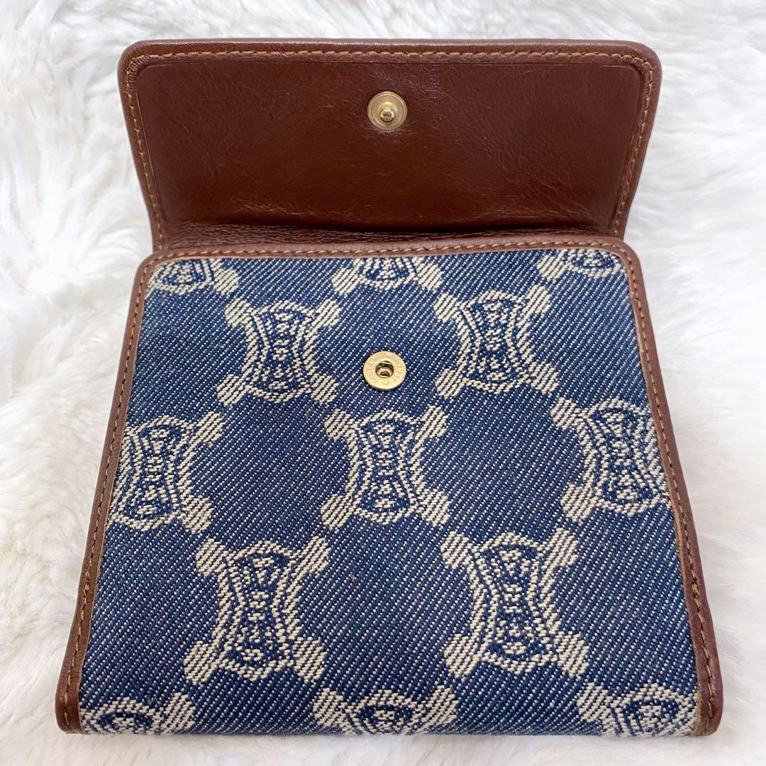 CELINE 二つ折り財布 デニム インディゴ レザー トリオンフ キャンバス