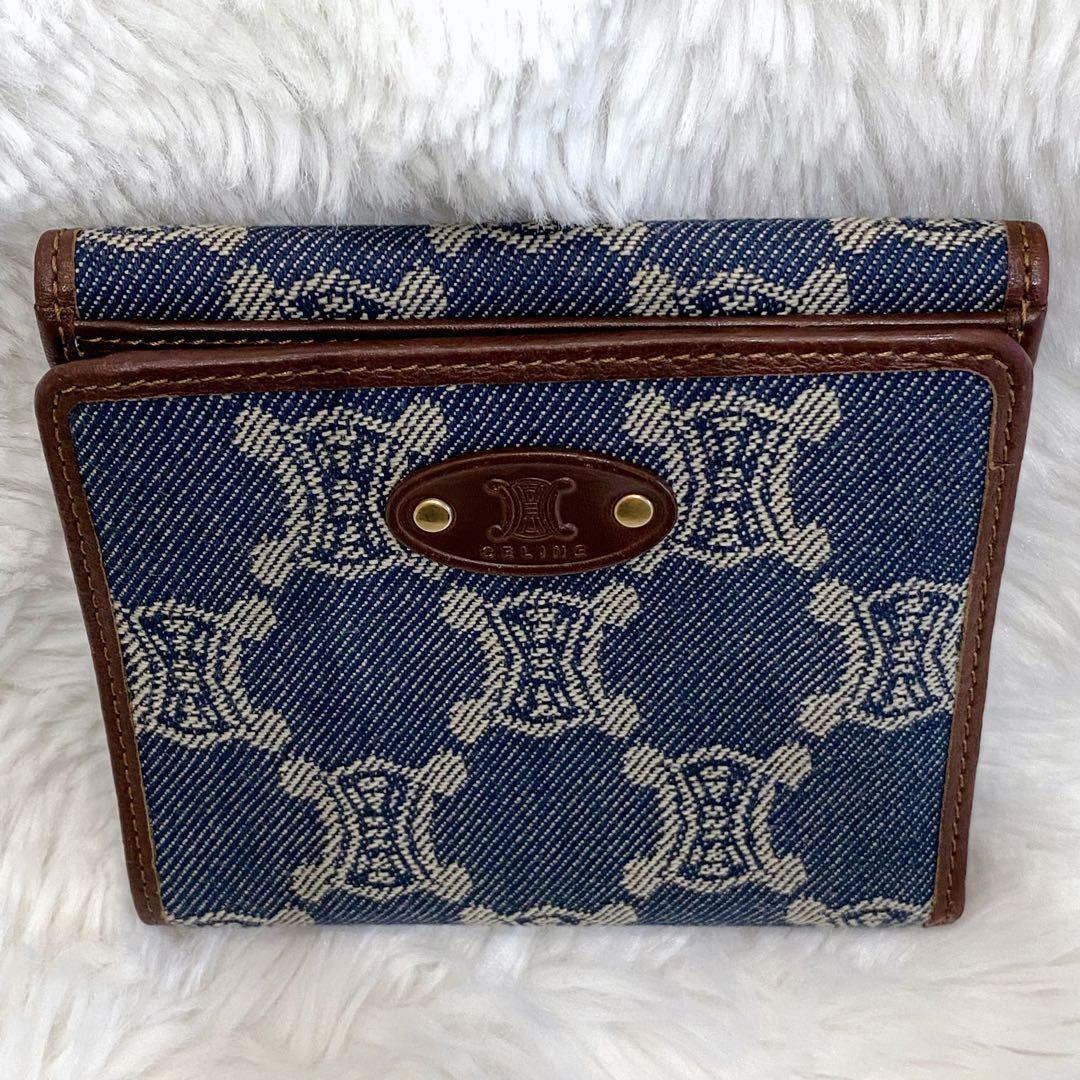 CELINE 二つ折り財布 デニム インディゴ レザー トリオンフ キャンバス