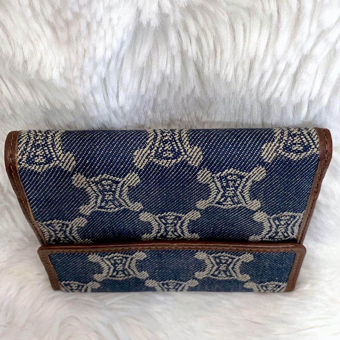 CELINE 二つ折り財布 デニム インディゴ レザー トリオンフ キャンバス